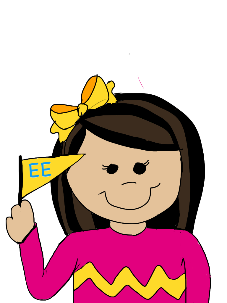A cheerful cartoon girl with brown hair, yellow bow, pink zigzag shirt, holding a yellow flag with "EE" in blue.