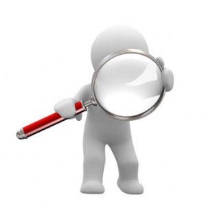 3D white figure holding a red-handled magnifying glass, symbolizing search or investigation.