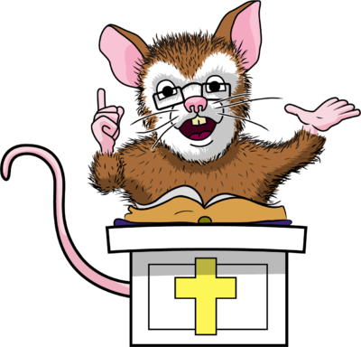 A cartoon mouse wearing glasses, preaching from a pulpit with a yellow cross, gesturing enthusiastically.