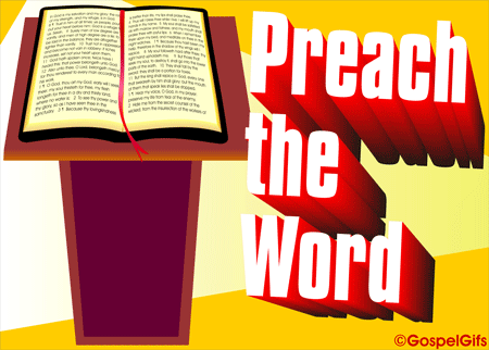 Open Bible with red ribbon bookmark beside bold 3D text "Preach the Word" on yellow background.