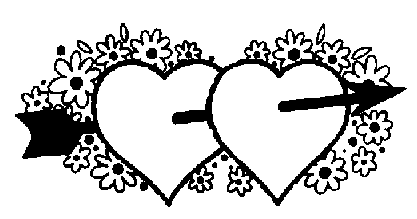 Two intertwined hearts pierced by a single arrow, surrounded by daisies and floral motifs in black-and-white line art.