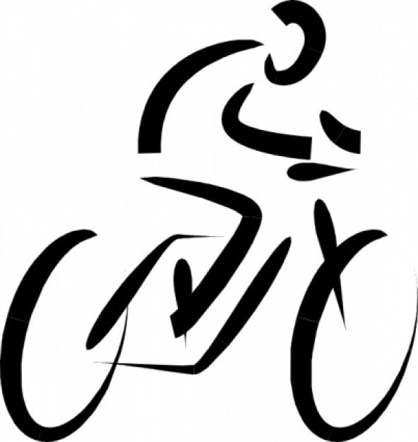 Stylized black-and-white abstract logo of a cyclist in motion, conveying speed and dynamism.