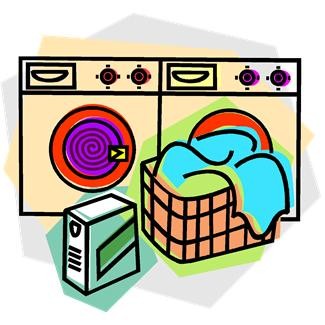 Colorful cartoon illustration of a washing machine, dryer, laundry basket with clothes, and detergent box.