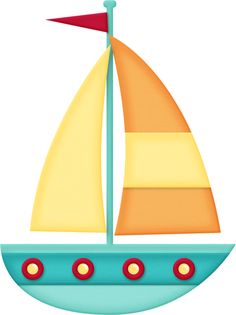 Colorful cartoon sailboat with yellow and orange sails, teal hull, and red portholes on white background.