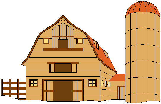 Wooden barn with red roof and silo, classic farm structure illustration