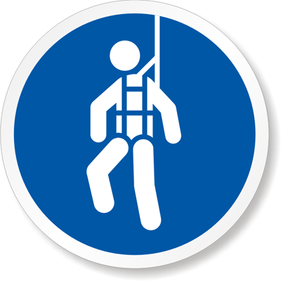 Blue circular safety sign showing a white figure wearing a harness and holding a rope, indicating fall protection required.