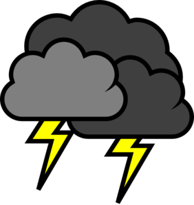 Dark storm cloud with two yellow lightning bolts striking downward against black background.