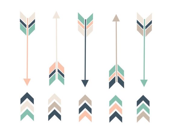 Ten colorful tribal-style arrow icons in pastel and earth tones, arranged in two rows on white background.