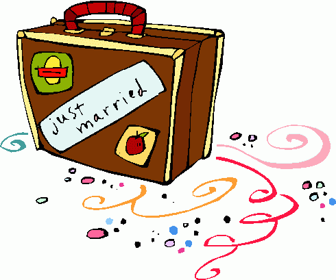 A cartoon-style brown suitcase with "just married" tag, colorful confetti, and decorative swirls.