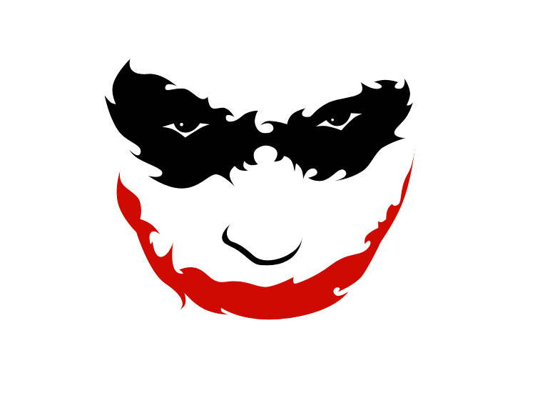 Stylized black-and-red Joker face with exaggerated smile and menacing eyes on white background.