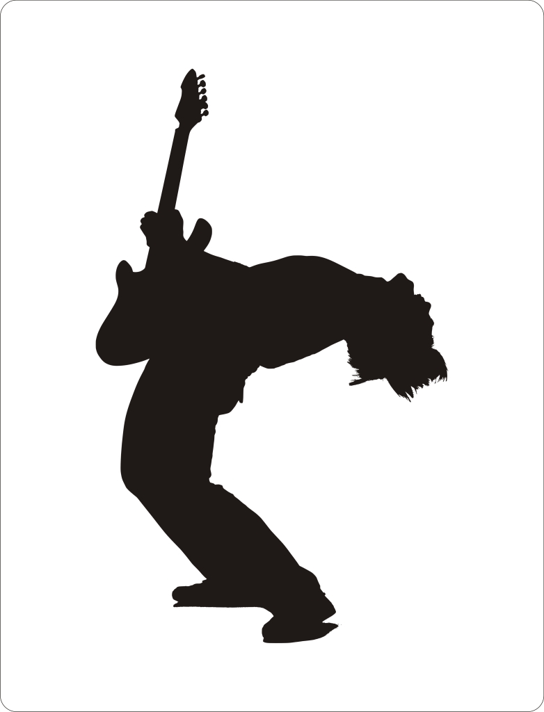 Silhouette of a dynamic rock guitarist mid-performance, bending backward with electric guitar raised high.
