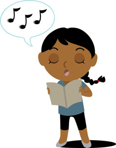 A young girl with dark skin and braided hair sings joyfully while holding a sheet of music, musical notes floating above her head.