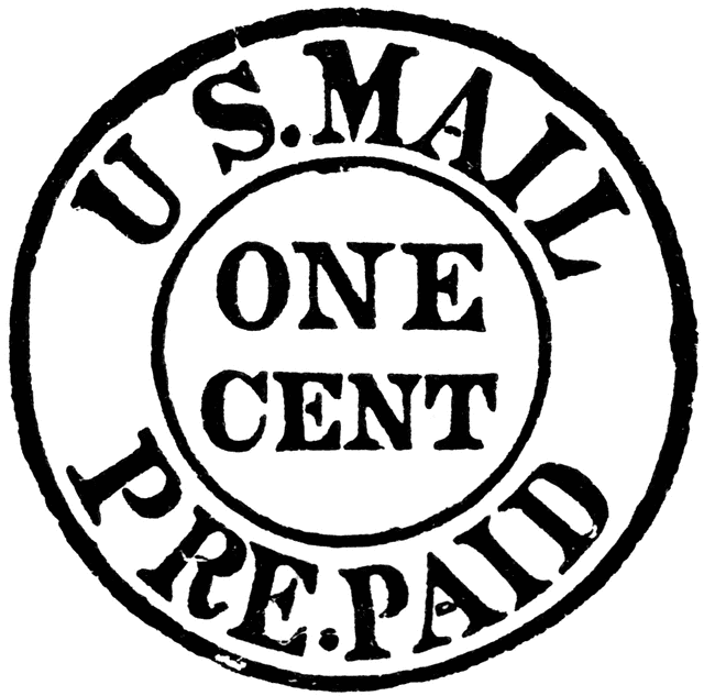 Vintage U.S. Mail one-cent prepaid circular postmark stamp, black ink on white background.