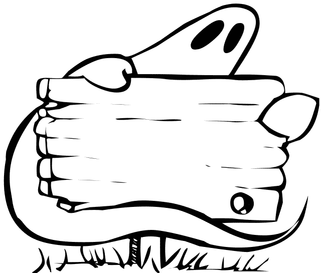 Hand holding a blank wooden sign with grass at the base, black-and-white line drawing.