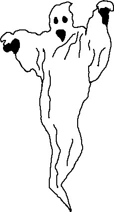 Simple black-and-white line drawing of a classic floating ghost with round eyes, open mouth, and raised arms.