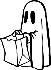 A cartoon ghost holding a shopping bag, depicted in simple black-and-white line art.