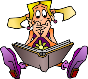 Cartoon girl with blonde pigtails reading a book, wide-eyed and excited, sitting cross-legged.