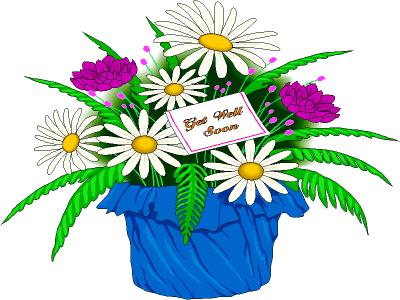 Colorful get-well flower bouquet with daisies, purple blooms, green leaves, and a "Get Well Soon" card in a blue wrap.