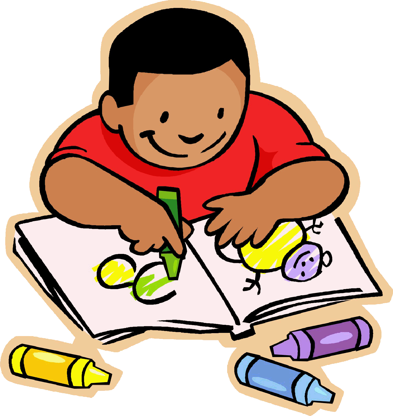 A smiling child in a red shirt colors a drawing with green crayon, surrounded by yellow, purple, and blue crayons.