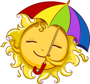 Cheerful smiling sun holding a colorful rainbow umbrella with closed eyes and golden rays.