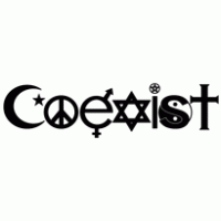 "Coexist" logo featuring peace symbol, Star of David, Christian cross, Islamic crescent, and gender symbols in black on white background.