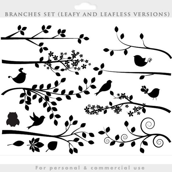 This clipart package is for: 1. Branch and bird silhouettes. Each 
