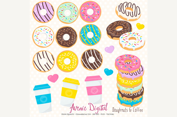 Colorful assortment of cartoon-style donuts with sprinkles, glazes, and chocolate, plus coffee cups and heart accents on a polka-dot background.