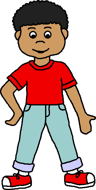 Cartoon boy with curly black hair, red shirt, blue jeans, and red sneakers standing confidently with hands on hips.