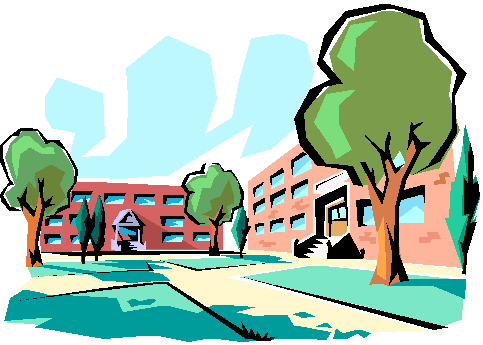Colorful cartoon illustration of a modern school campus with red brick buildings, green trees, and a paved walkway under a blue sky.