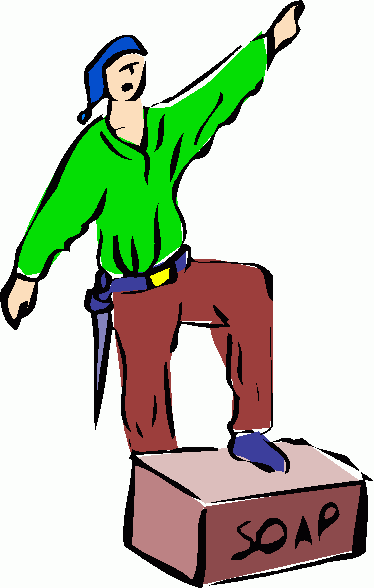 A cartoon pirate in green shirt and blue bandana stands on a soap box, pointing upward with one hand, sword at hip.