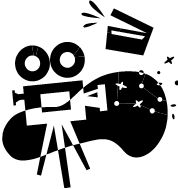 Black-and-white icon of a vintage film camera on a tripod, with a clapperboard and starburst effects symbolizing cinema and filmmaking.