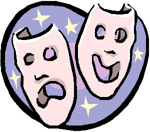 Comedy and tragedy theater masks with stars on a purple heart background