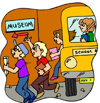 Children excitedly exiting a yellow school bus toward a museum entrance, guided by a teacher.