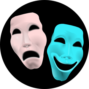 Classic theater masks representing tragedy (pink) and comedy (cyan) against a black background.