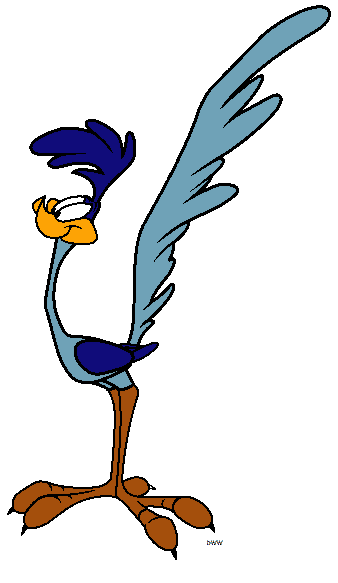 Road Runner cartoon character standing tall with one wing raised, blue feathers, orange beak and legs, against gray background.