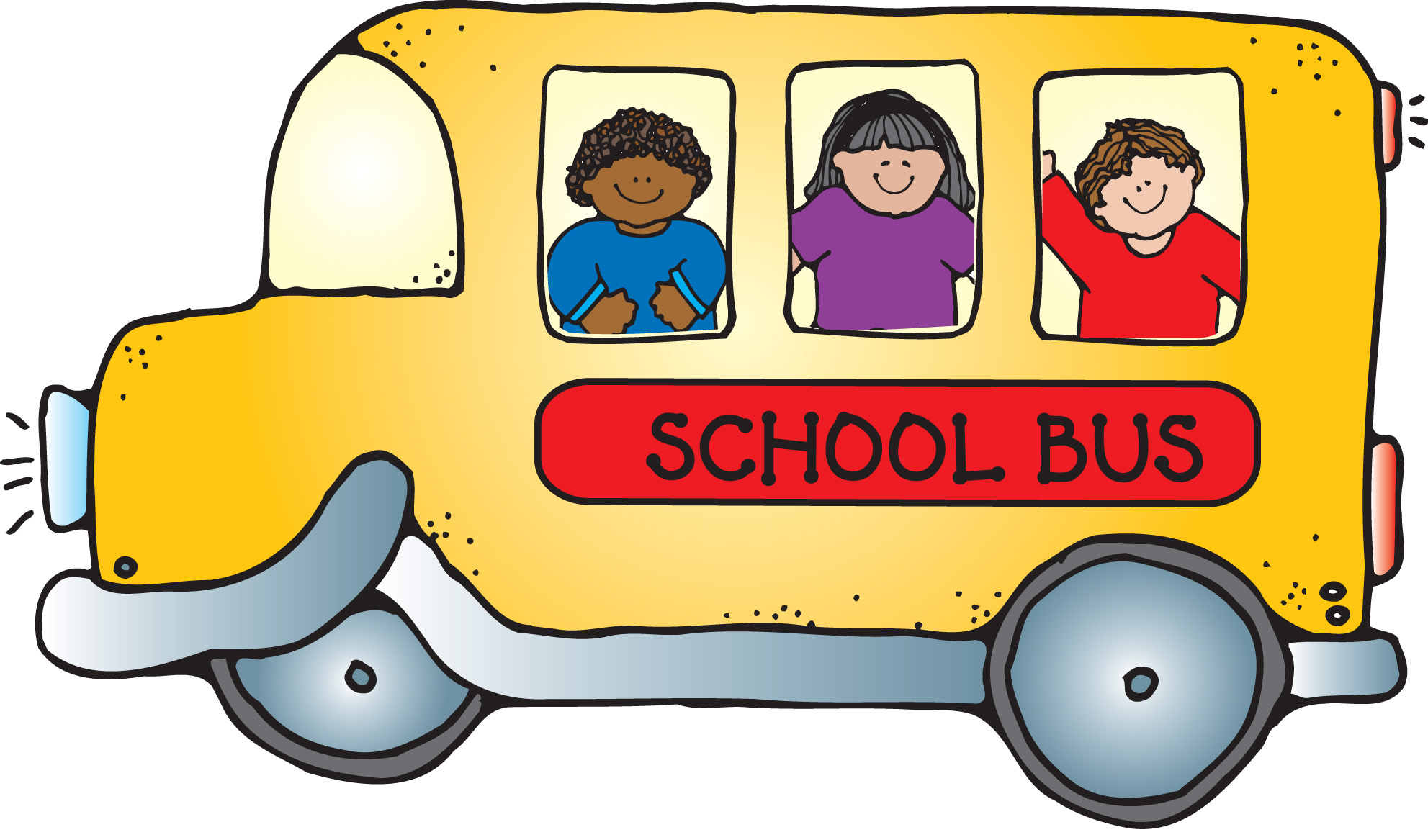 Cheerful yellow school bus with three diverse smiling children waving from the windows.