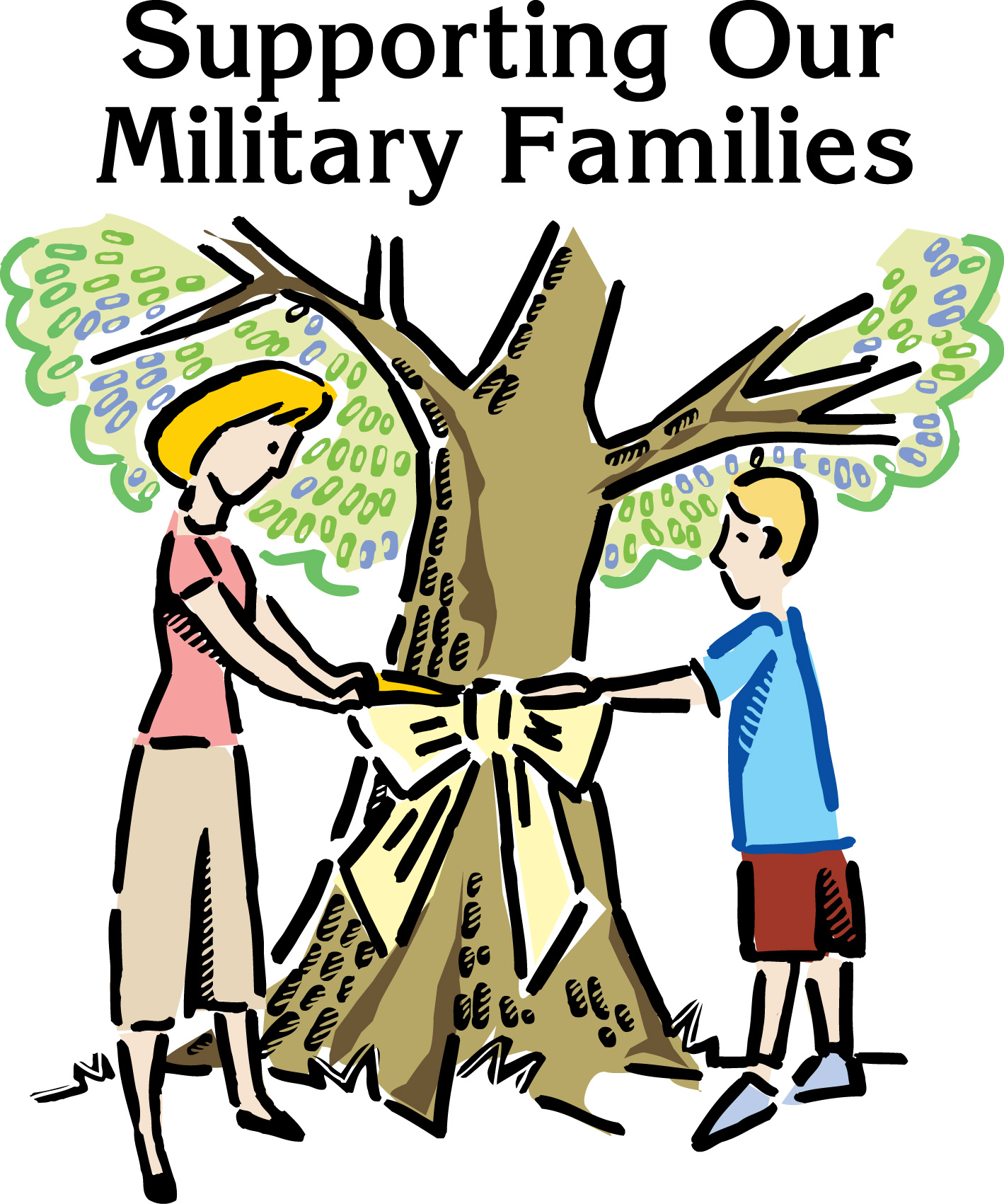 A woman and child tie a yellow ribbon around a tree trunk under the text "Supporting Our Military Families"