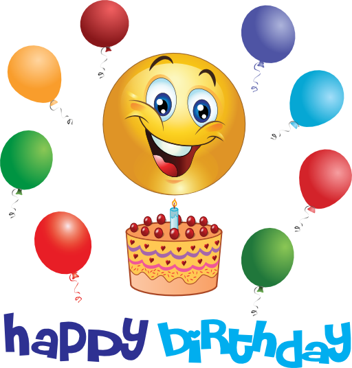 Cheerful yellow emoji smiling above a birthday cake with one candle, surrounded by colorful balloons and "Happy Birthday" text.