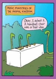 A cartoon showing green snake-like creatures with handbells on a draped table, under a sign reading "Music Ministries of the Animal Kingdom."