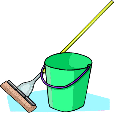 Green cleaning bucket with yellow-handled mop and sponge on a light blue surface.