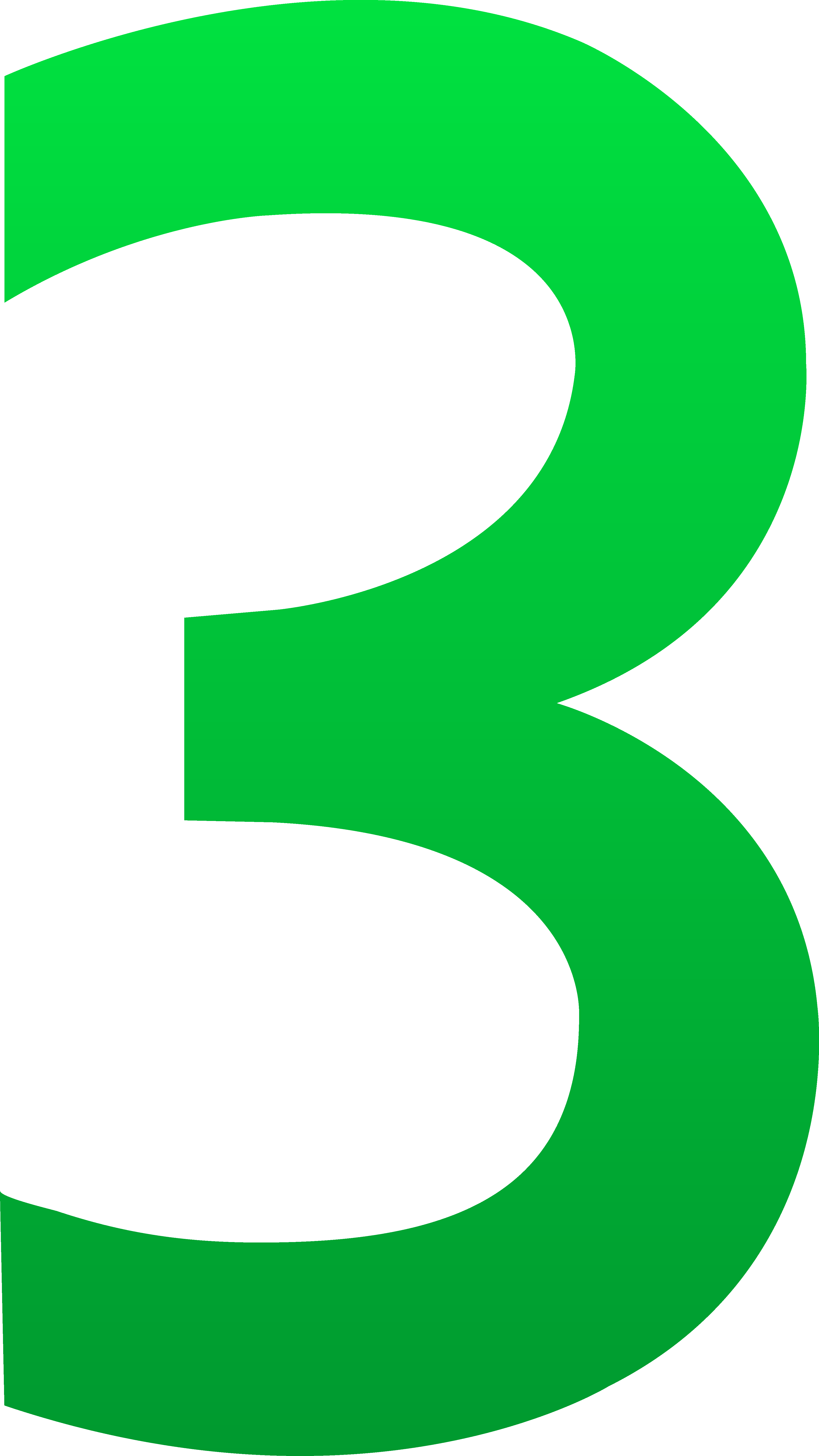 Bright green stylized number 3 with white negative space and subtle 3D effect on white background.