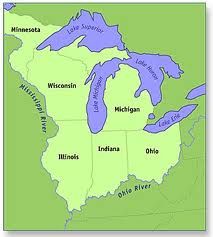 Map showing the Great Lakes (Superior, Michigan, Huron, Erie, Ontario) and surrounding U.S. states: Minnesota, Wisconsin, Michigan, Illinois, Indiana, Ohio.