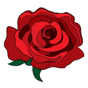 Vibrant red rose with layered petals and green leaves, stylized illustration on white background.
