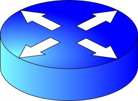 Blue cylindrical network router icon with four white arrows indicating data flow in all directions.