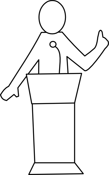 Simple line drawing of a person giving a speech at a podium with one hand raised.