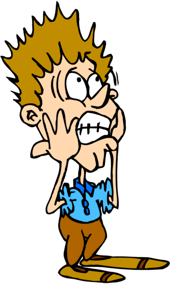 Cartoon boy with spiky blond hair, wide eyes, and stitched mouth covering face in shock or fear.
