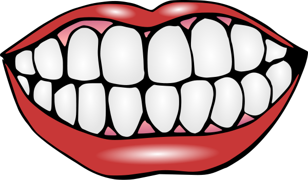 Bright cartoon-style smiling mouth with white teeth and red lips, isolated on black background.