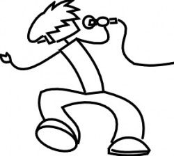 Stick figure DJ wearing headphones, energetically dancing with one arm raised and cable trailing.