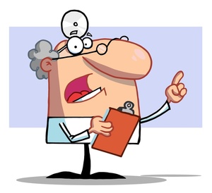 Cartoon doctor with headlamp, glasses, and clipboard pointing upward while smiling.