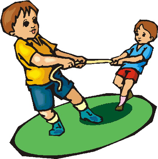 Two children playing tug-of-war on a green mat, smiling and pulling a rope with effort.
